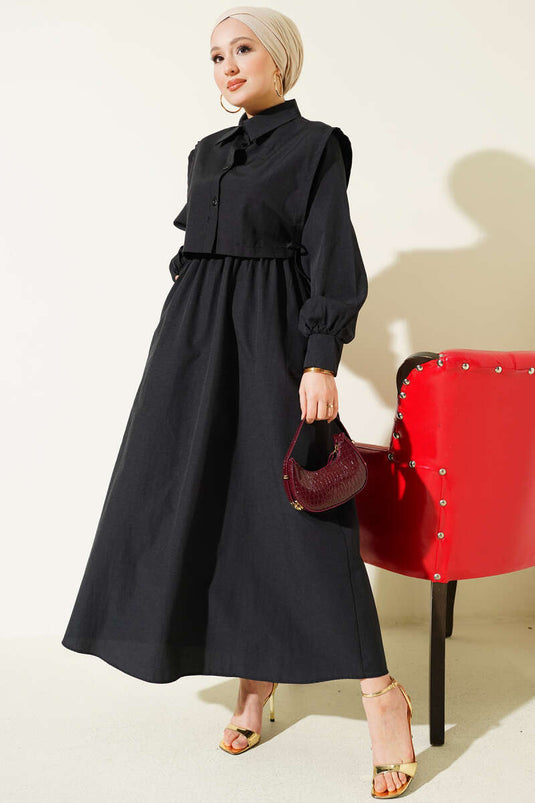 Dress with elastic waist and bolero in tericotton fabric, black