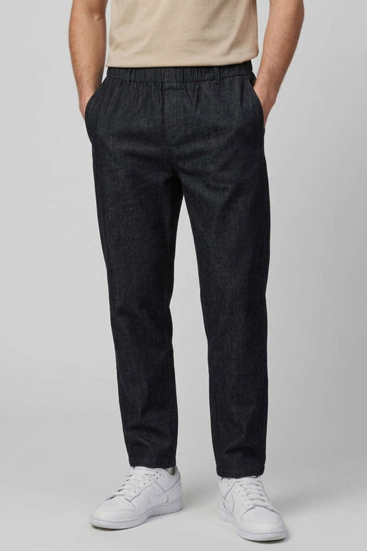 Black Gabardine Men's Boyfriend Pants with Elastic Waist