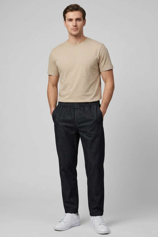 Black Gabardine Men's Boyfriend Pants with Elastic Waist