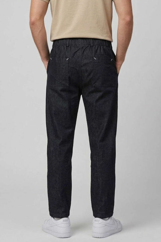 Black Gabardine Men's Boyfriend Pants with Elastic Waist