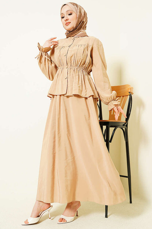 Beige Two-Piece Set with Elastic Waist and Gathered Skirt