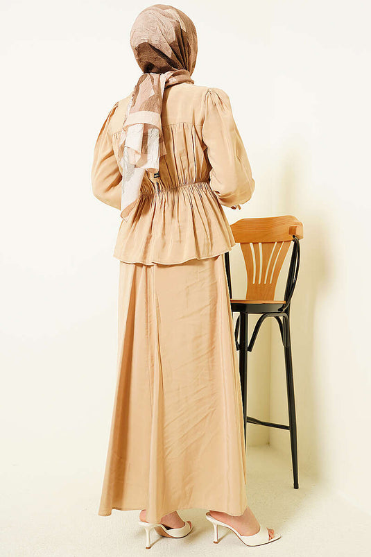 Beige Two-Piece Set with Elastic Waist and Gathered Skirt