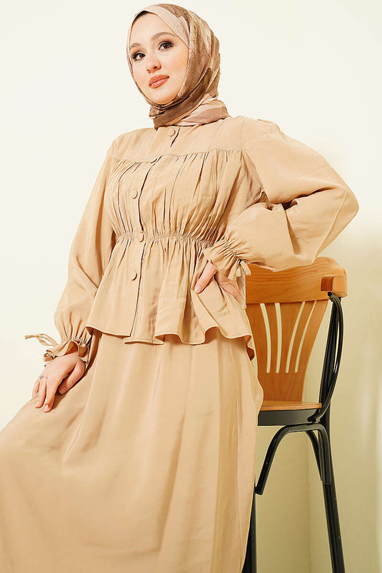 Beige Two-Piece Set with Elastic Waist and Gathered Skirt