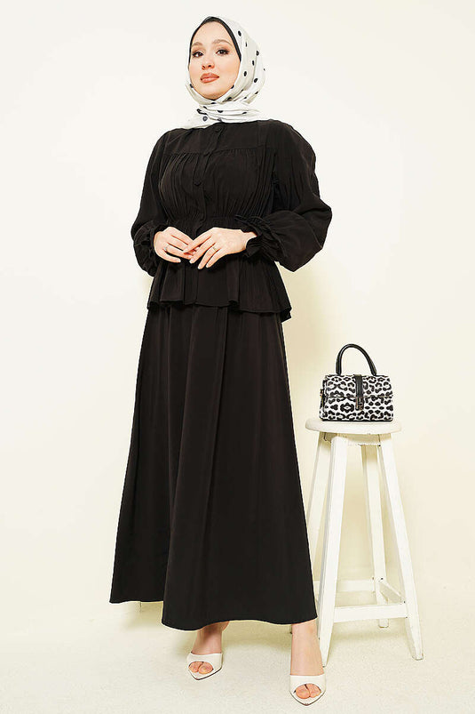 Ensemble deux pièces avec jupe froncée et taille élastique, noir