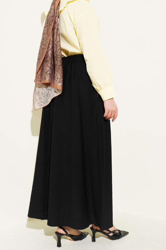 Black Elastic Waist Gathered Flared Skirt