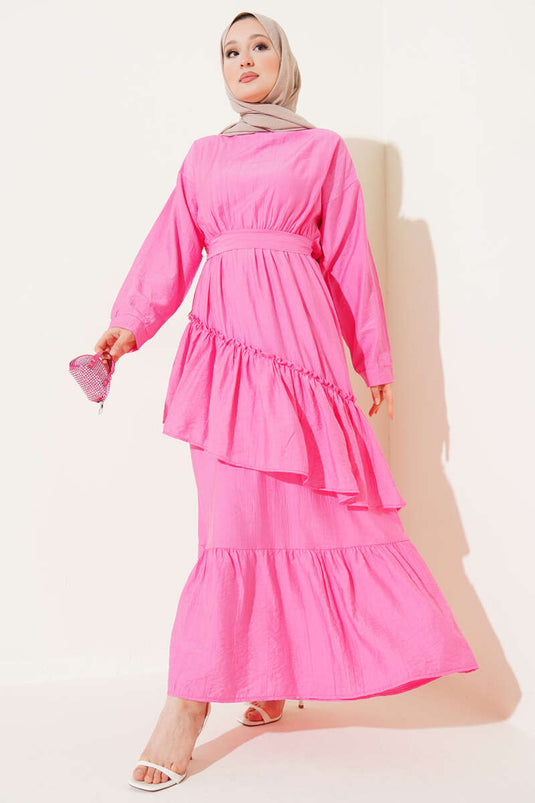 Elastic Waist Cross Layered Dress Pink