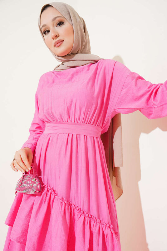 Elastic Waist Cross Layered Dress Pink