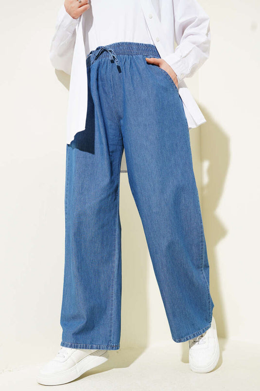 Elastic Waist Pocket Jeans Denim Blue