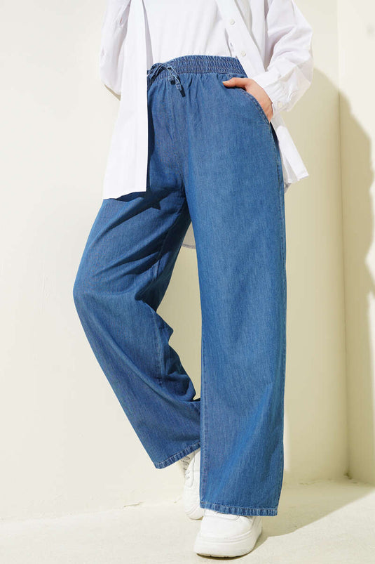 Elastic Waist Pocket Jeans Denim Blue