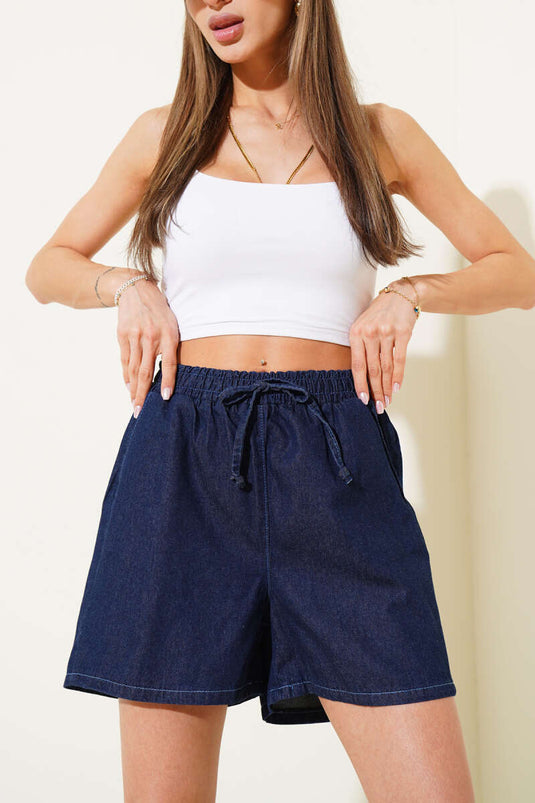 Elastic Waist Pocket Denim Shorts Navy Blue