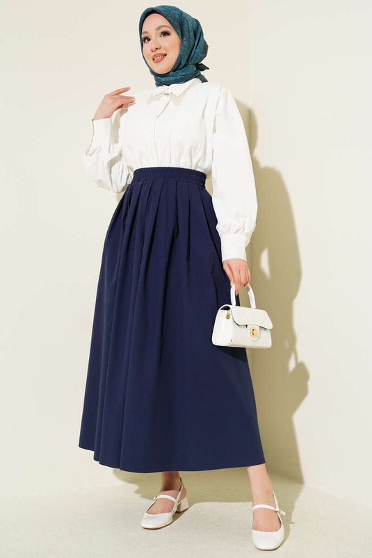 Jupe en popeline avec poches et taille élastique, bleu marine