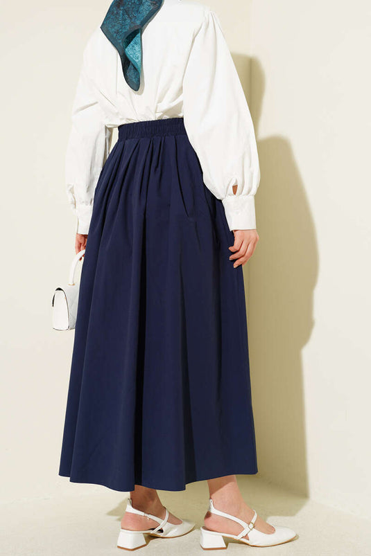 Jupe en popeline avec poches et taille élastique, bleu marine