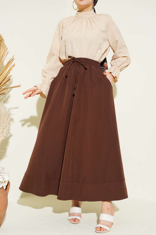 Rok van tensel met elastische taille en zakken, bruin