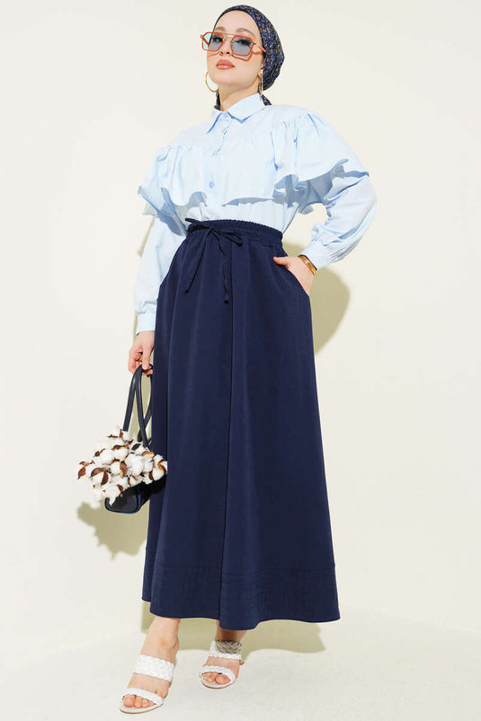 Belted Pocketed Tencel Skirt Navy Blue