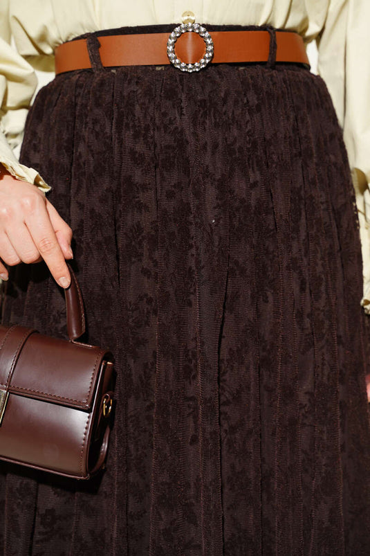 تنورة تول بنقشة زهور مع حزام مطاطي بني