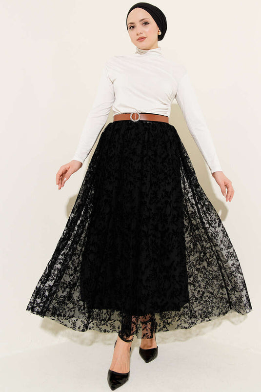 Schwarzer Tüllrock mit Blumenmuster und Gummibund