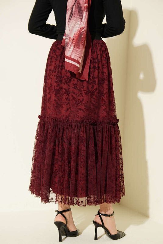 Burgundy Tulle Skirt with Elastic Waist and Floral Pattern