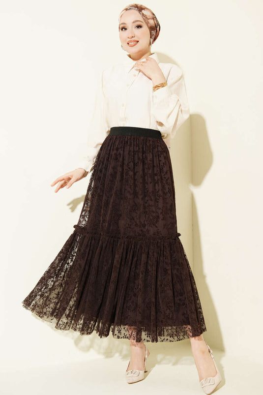 Brown Tulle Skirt with Elastic Waist and Floral Pattern