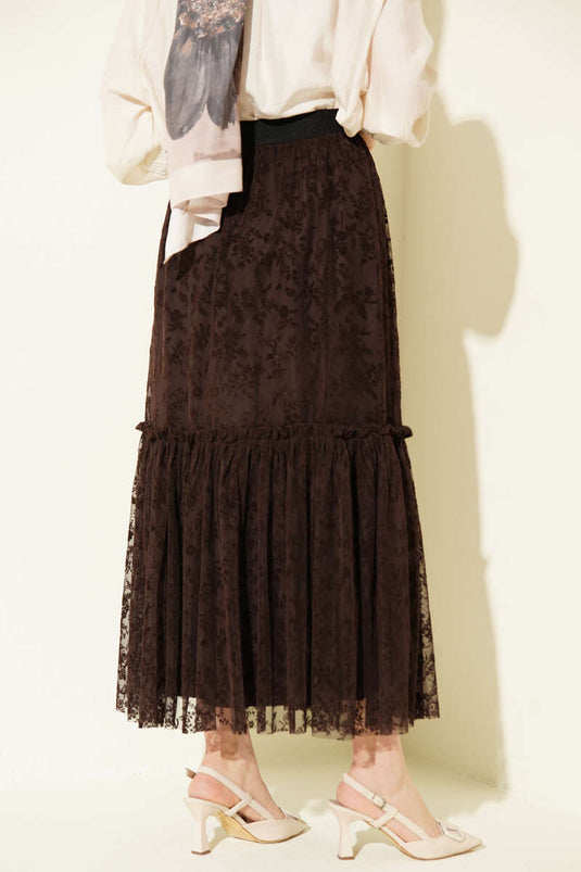 Brown Tulle Skirt with Elastic Waist and Floral Pattern
