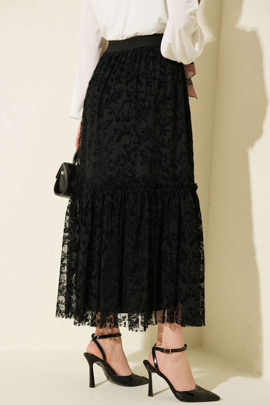 Black Tulle Skirt with Elastic Waist and Floral Pattern