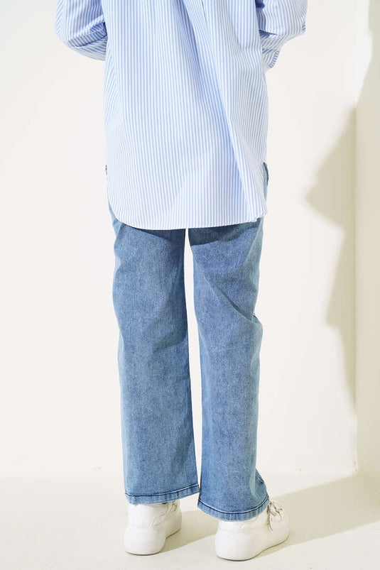 Bel Lastikli Çift Düğmeli Kot Pantolon Açık Mavi