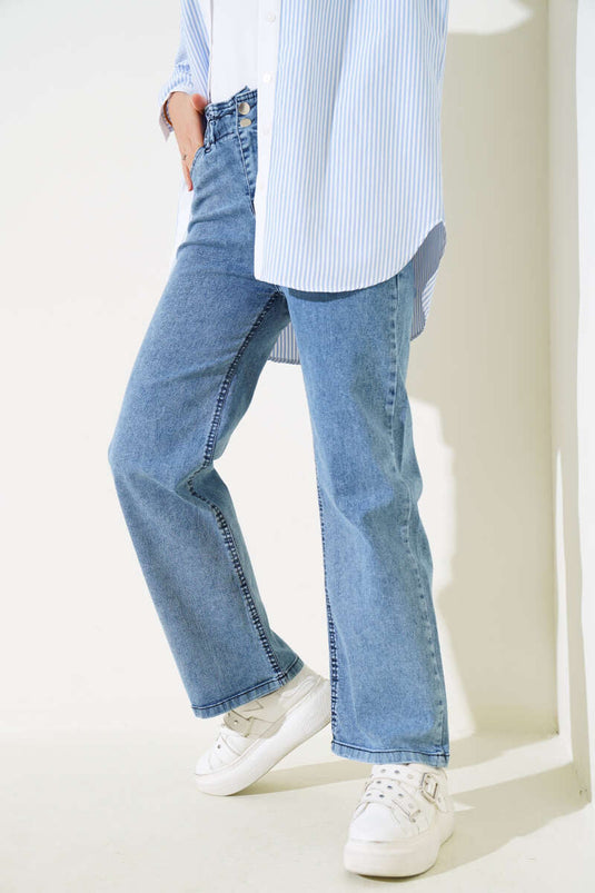 Bel Lastikli Çift Düğmeli Kot Pantolon Açık Mavi