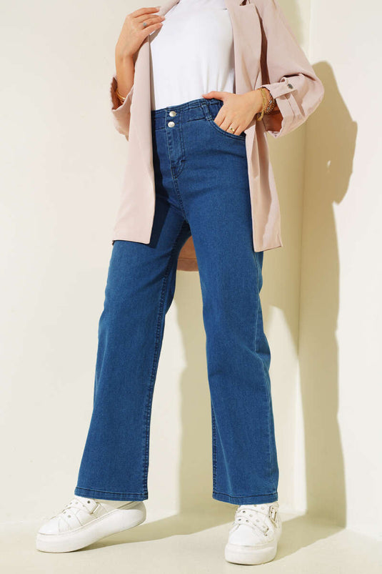 Pantalón Jeans Cintura Elástica Doble Botonadura Azul Marino