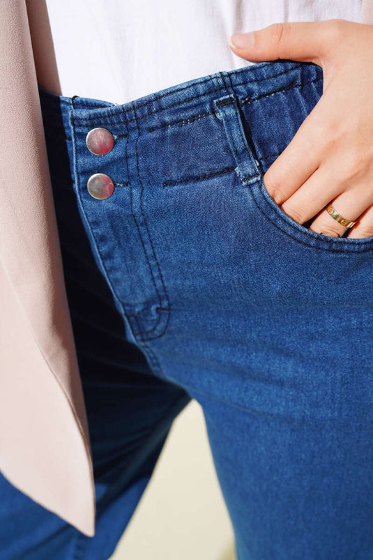 Pantalón Jeans Cintura Elástica Doble Botonadura Azul Marino