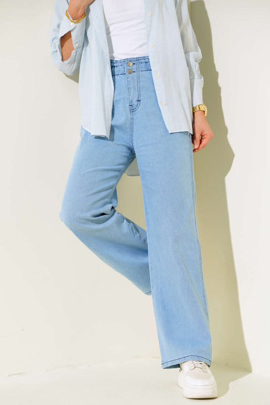 Elastic Waist Double Button Jeans Blue