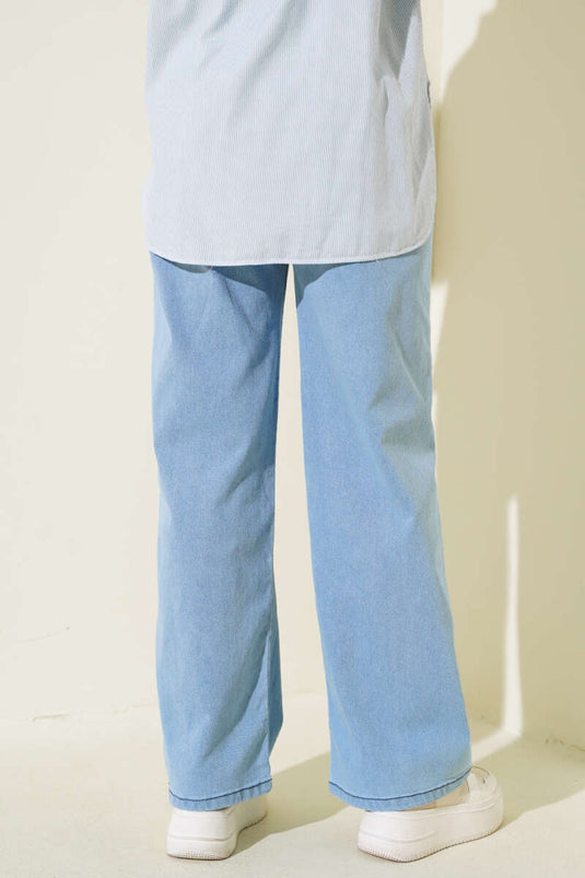 Elastic Waist Double Button Jeans Blue