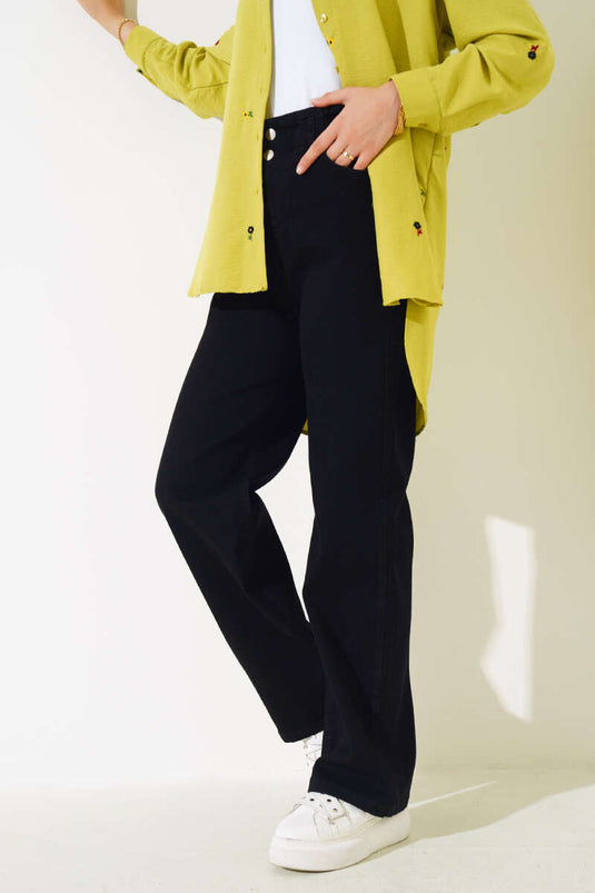 Bel Elasticated Double Button Denim Pants Black