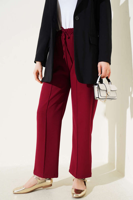 Bel Lastikli Çımalı Bol Paça Pantolon Bordo