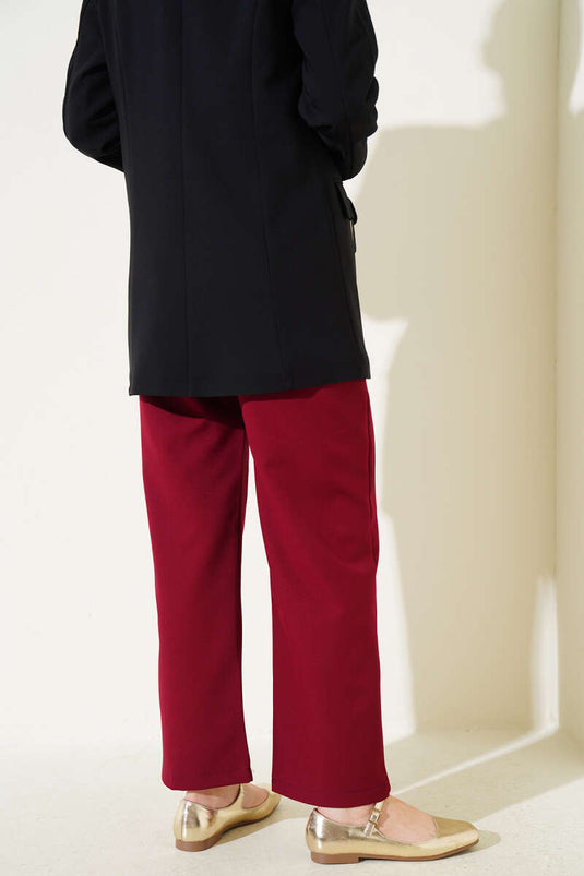 Belted Wide Leg Trousers with Drawstring Burgundy