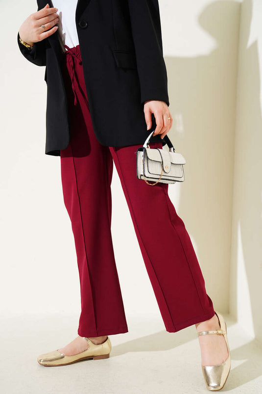 Belted Wide Leg Trousers with Drawstring Burgundy