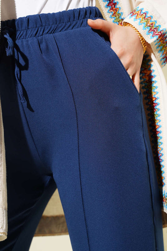 Pantalon large à taille élastique avec ruban indigo