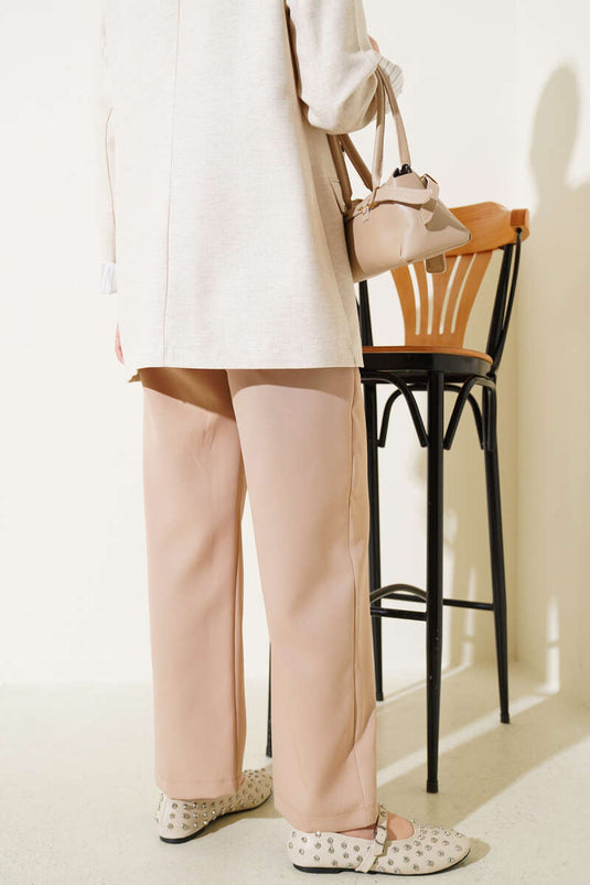Elastic Waist Wide Leg Trousers Latte