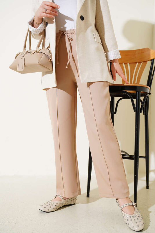 Elastic Waist Wide Leg Trousers Latte