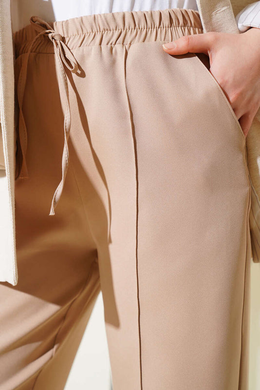 Elastic Waist Wide Leg Trousers Latte