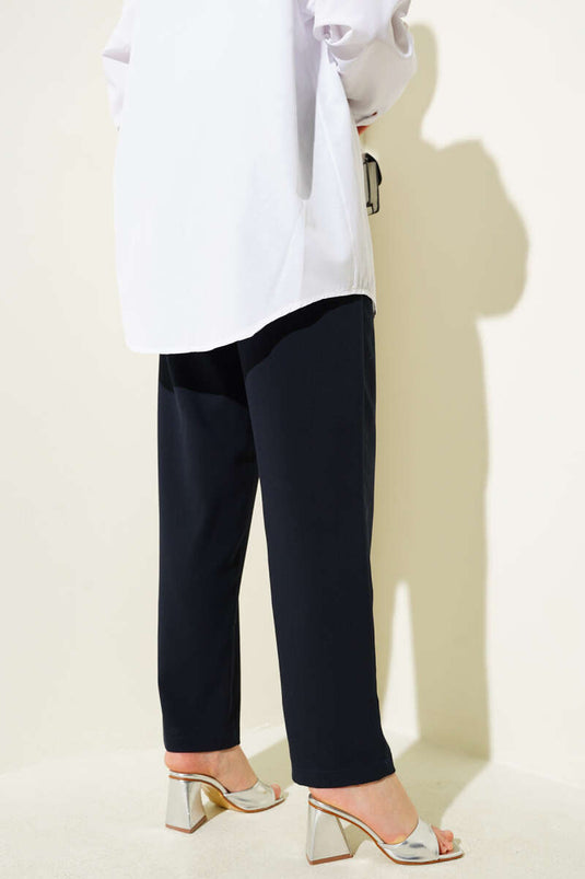 Elastic Waist Slim Leg Trousers Navy Blue