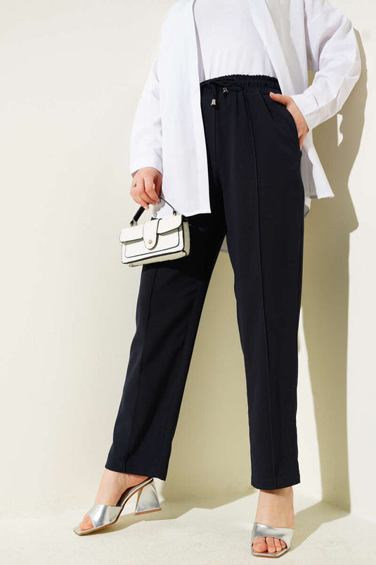 Elastic Waist Slim Leg Trousers Navy Blue