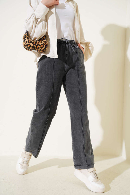 بنطال جينز بخصر مطاطي قابل للإزالة لون رمادي دخاني