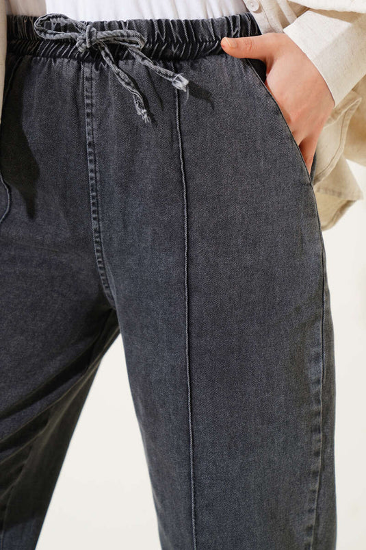 بنطال جينز بخصر مطاطي قابل للإزالة لون رمادي دخاني