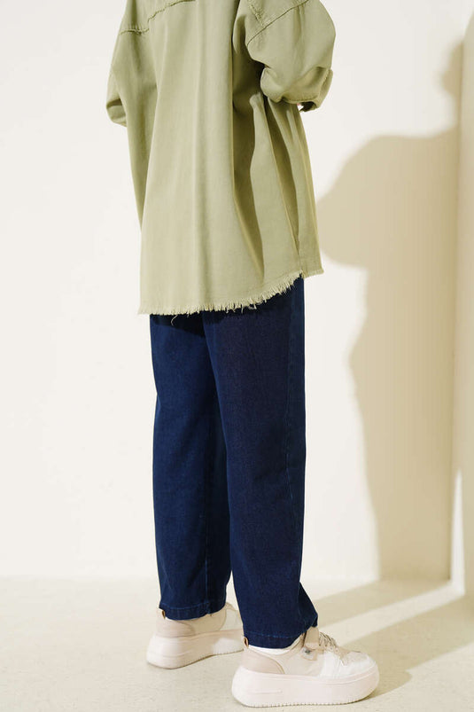 Elastic Waist Denim Trousers Navy Blue