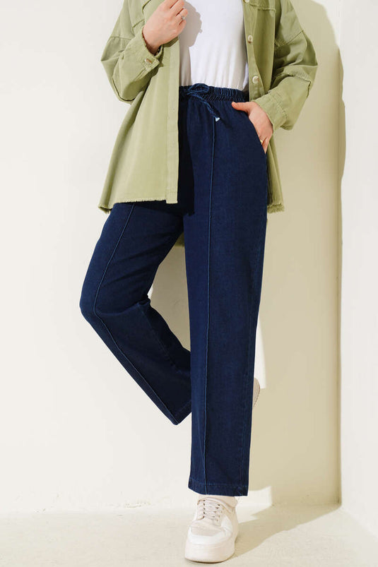 Elastic Waist Denim Trousers Navy Blue