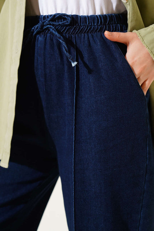 Elastic Waist Denim Trousers Navy Blue