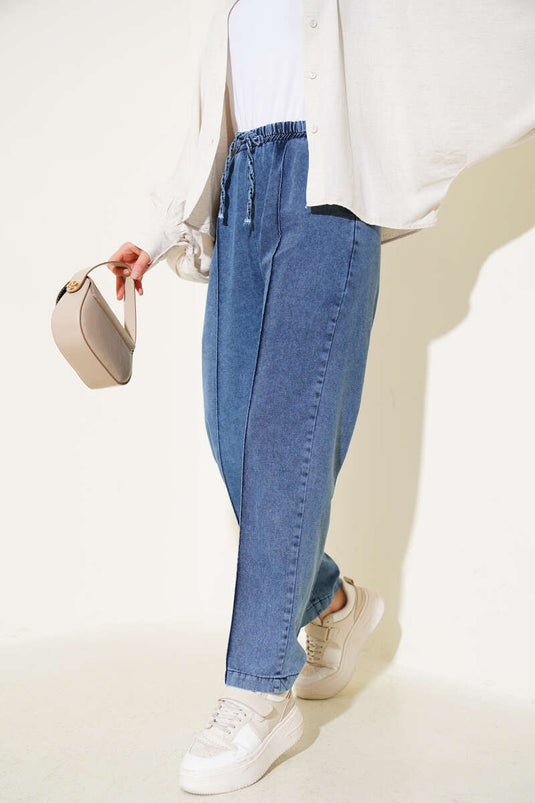 Elastic Waist Denim Trousers Blue