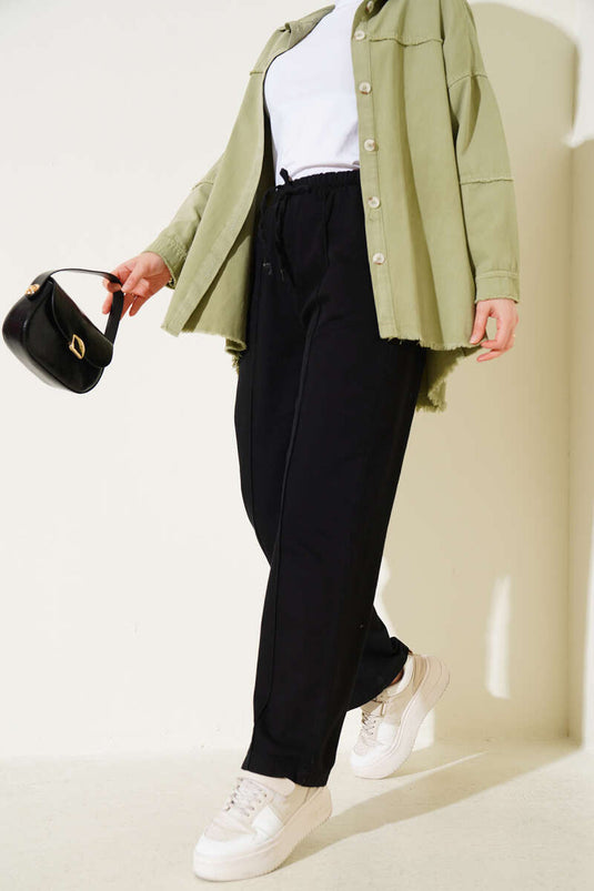 Bel Lastikli Çımalı Kot Pantolon Siyah