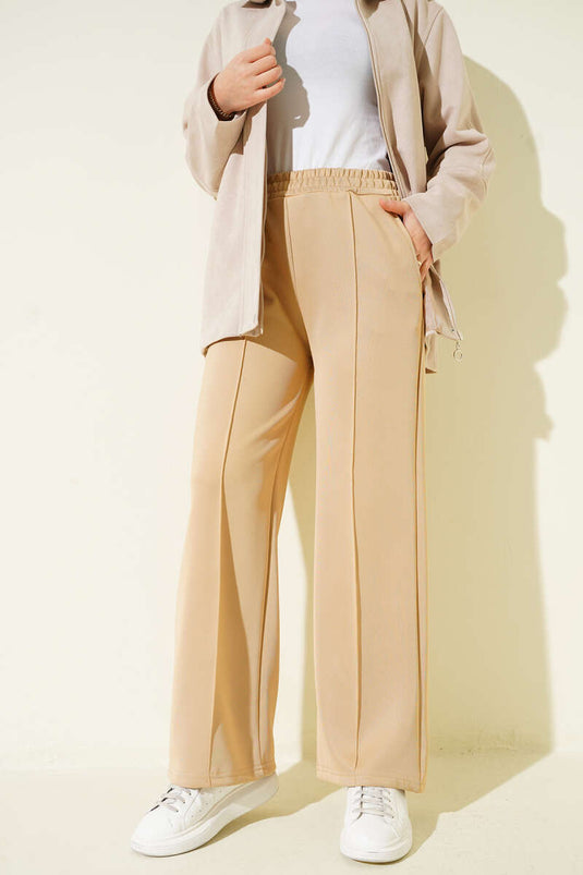 Bel Lastikli Çımalı Scuba Pantolon Camel