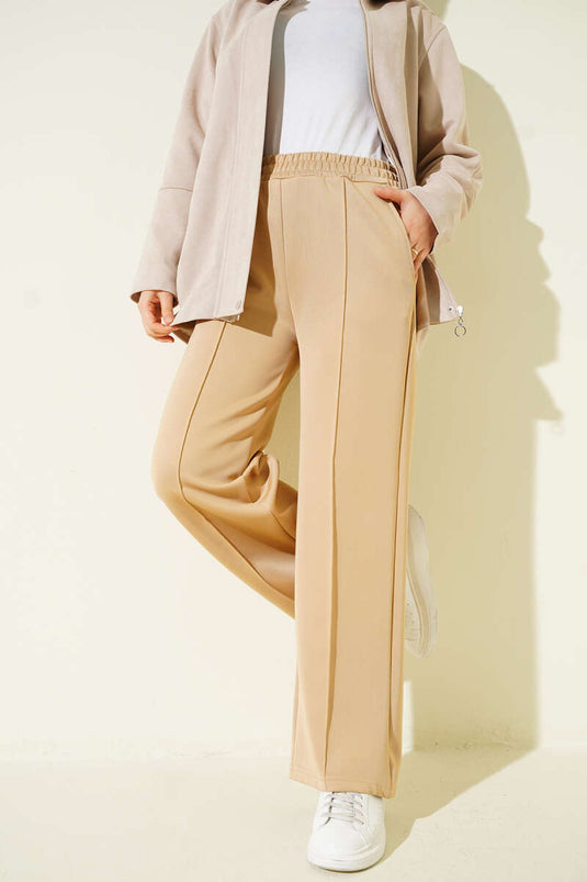 Bel Lastikli Çımalı Scuba Pantolon Camel