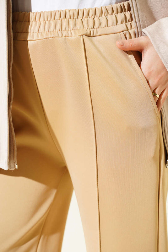 Bel Lastikli Çımalı Scuba Pantolon Camel